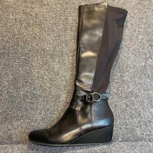 Kenneth Cole Reaction Tip Dress Black Knee High Stretch Boots Womens 8 Wedge